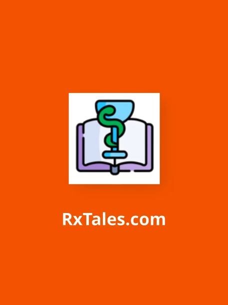 Logo of RxTales.com featuring a medical symbol on an open book against an orange background.