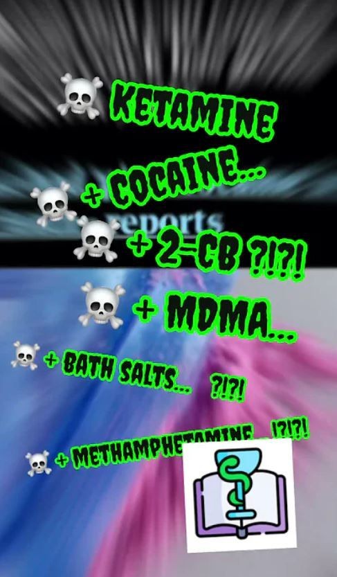 Colorful text listing various drugs with skull icons and a medical symbol on a blurred background.