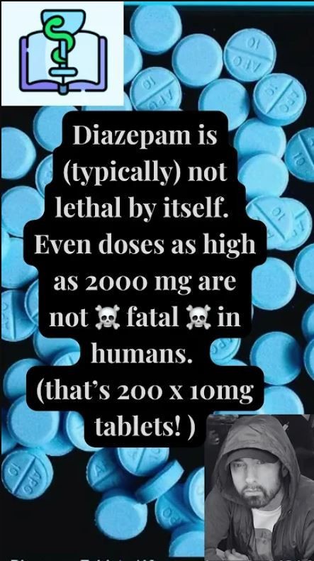 Text about diazepam dosage over image of blue pills and a small photo of a man.